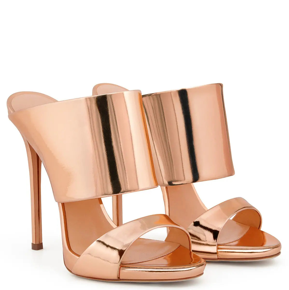 Rose Gold shiny high heeled luxury open toe sandals with wide statement bands.