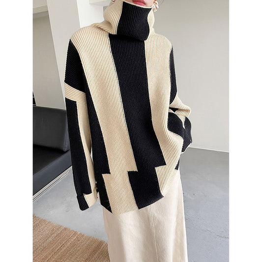 High neck black and white soft knit striped sweater for women