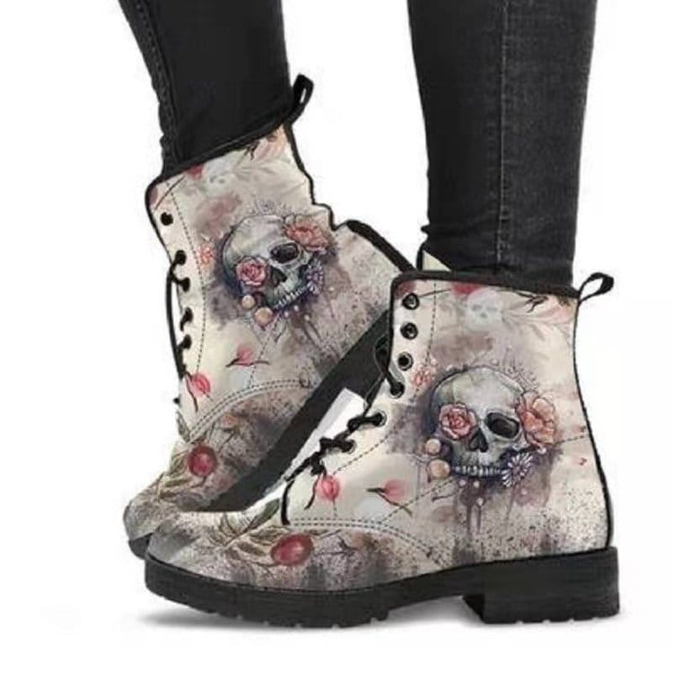 Ladies Gothic Alice Wonderland Printed Ankle Boots with skull and roses design.