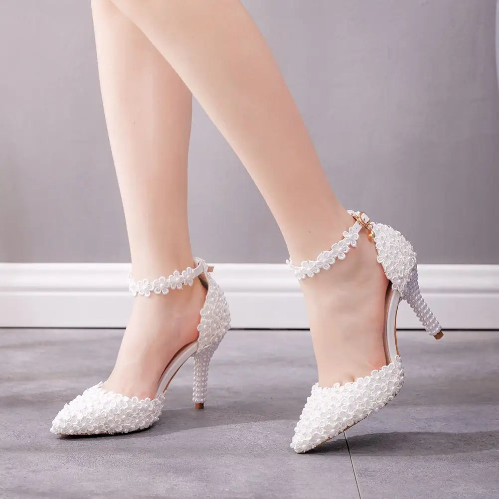 Elegant White Pointed Toe High Stiletto Wedding Shoes with Pearls and lace sandals.