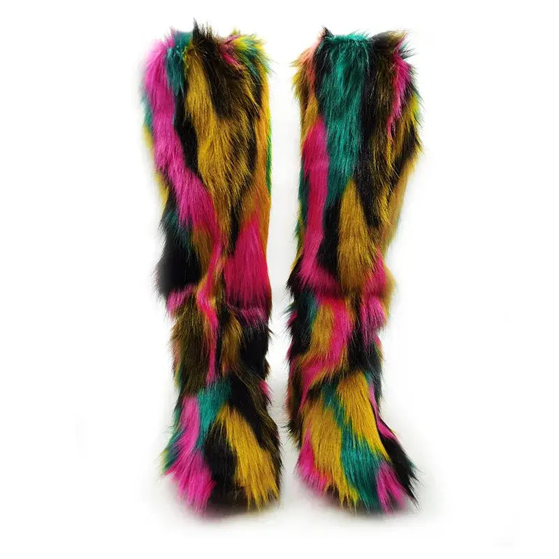 Colorful furry knee high plush boots with pink, yellow, teal, and black faux fur.