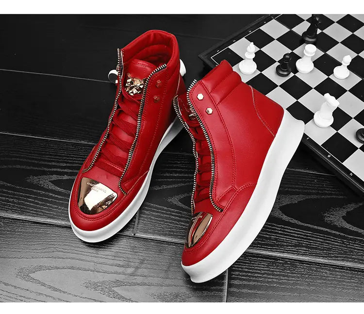 Red high-top sneakers with metallic toes, perfect for casual street boots vibes.