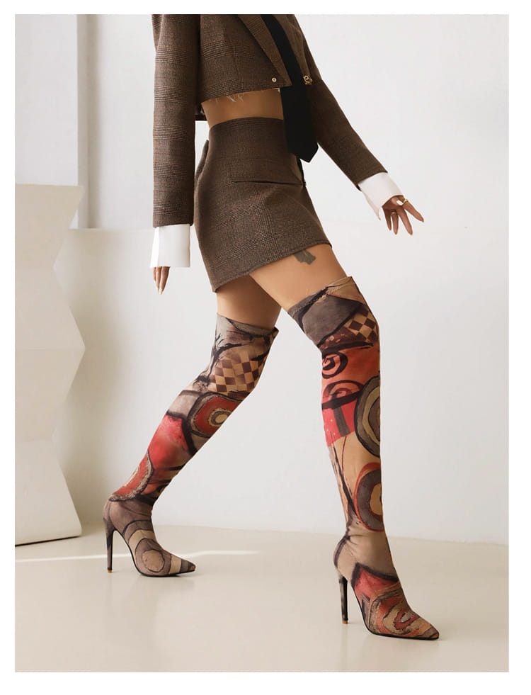 Plus Size Art Graffiti Over Knee Boots Pointed Toe