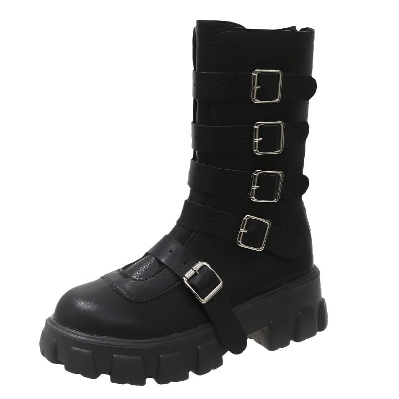 Black combat boot with five buckle straps, perfect unisex punk multi style.