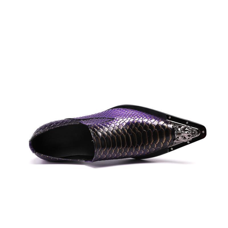 Men's Purple Leather Crocodile Design Shoes With Metal Toe