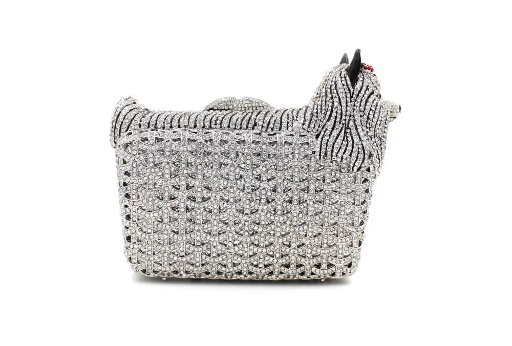 Crystal-encrusted Yorkshire Terrier clutch, the perfect puppy shaped rhinestone bag for glam events.