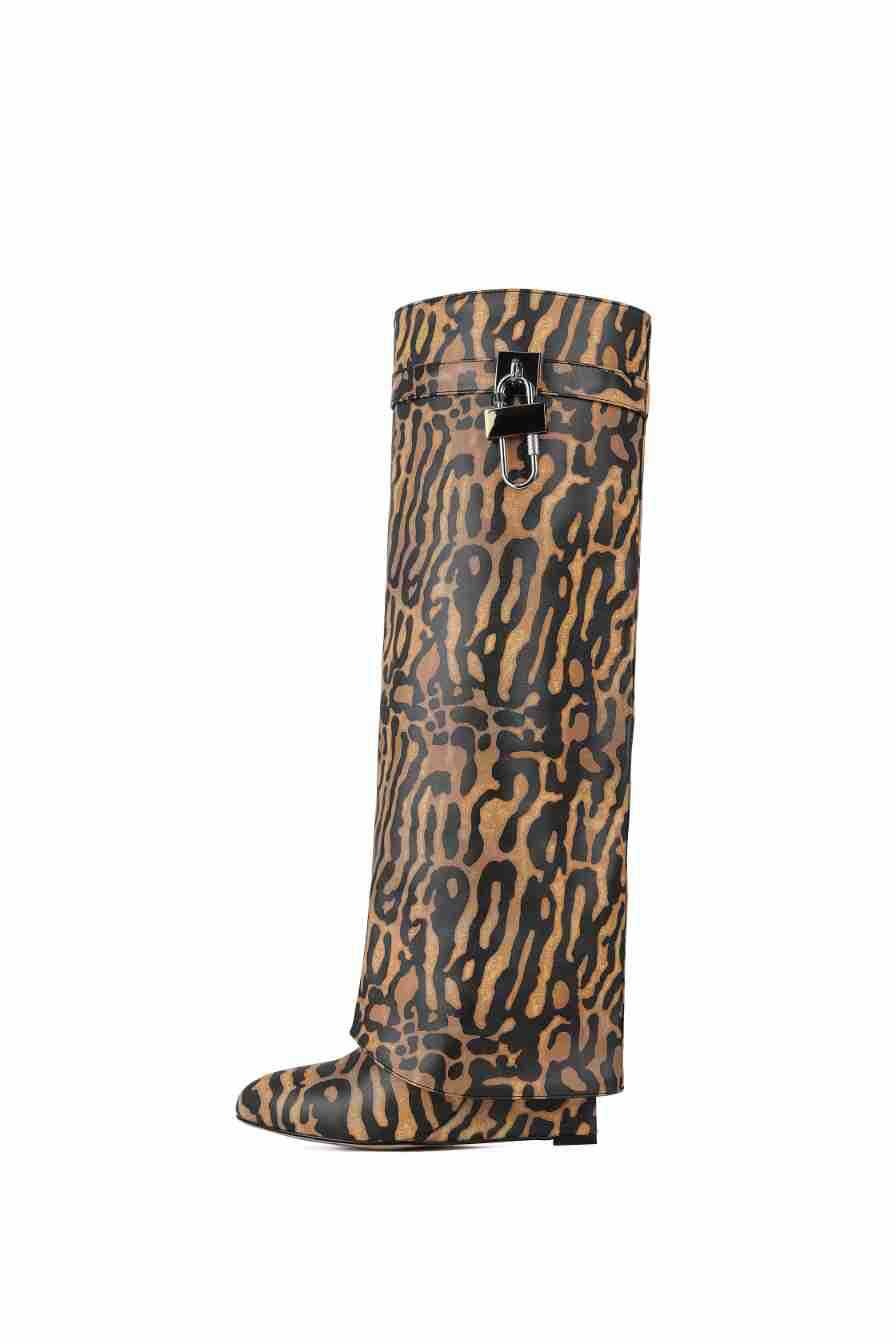 Women's fashion shark lock knee high boots folded leather wedge