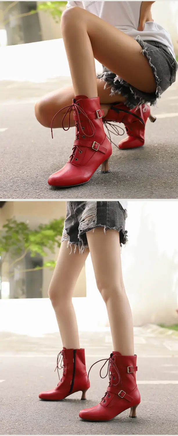 Bright red mid heel lace-up ankle boots with pointed toe and stylish multi buckle.