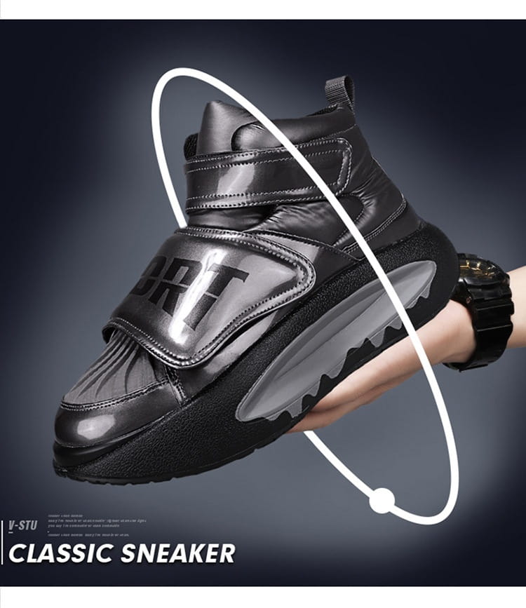 Baskets compensées montantes en cuir noir avec bande velcro pour un style hip hop sportif.