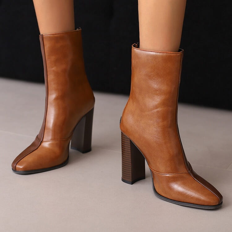 Tan leather Drag Queen High Heel French Style Ankle Boots with chunky square heels.