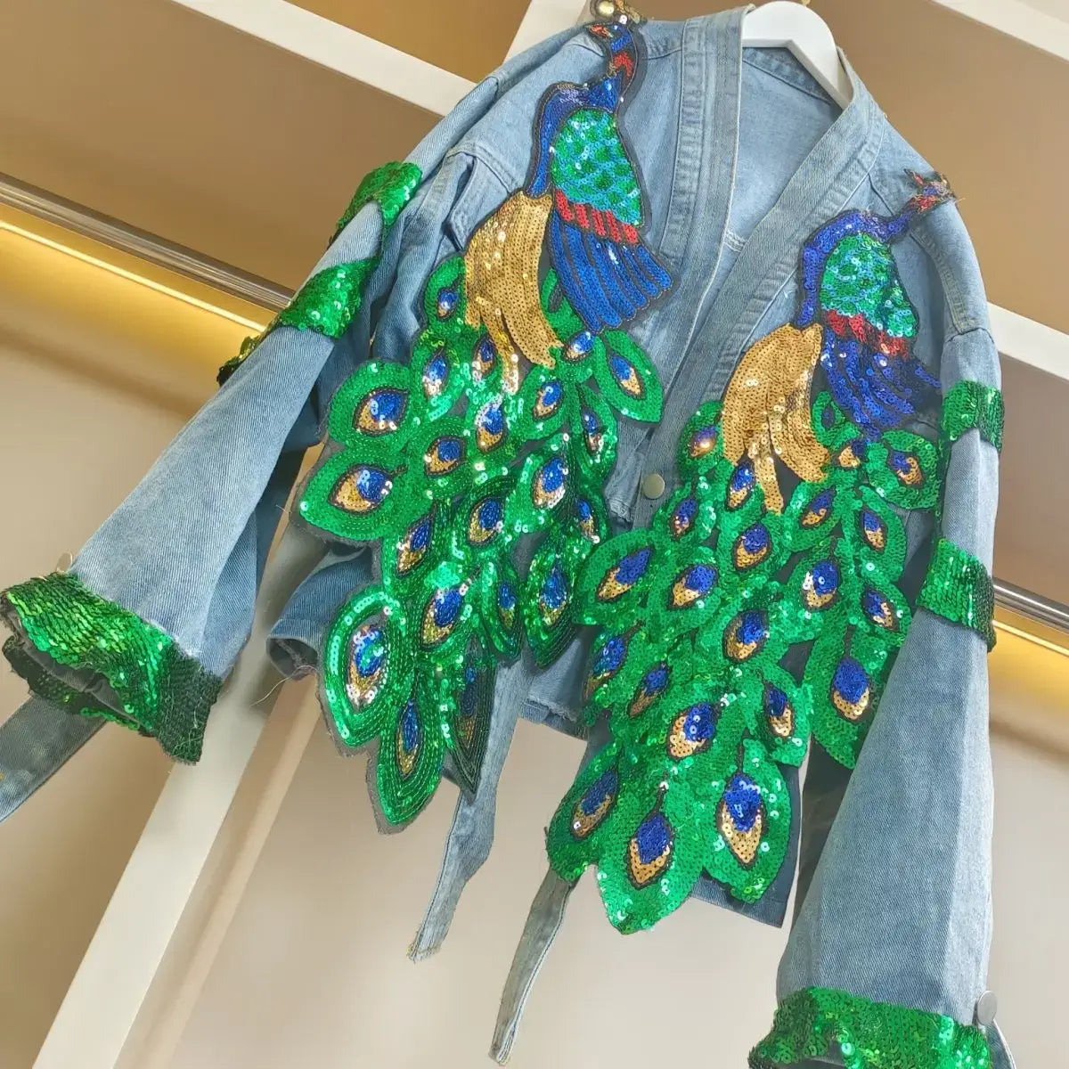 Womens V-neck 3D Peacock Sequined Embroidered Denim Jacket