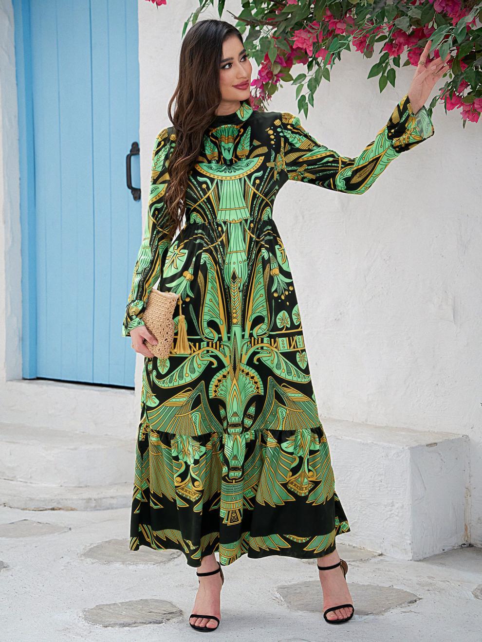 Ladies Middle Eastern Casual Round Neck Printed Long Sleeve Dress