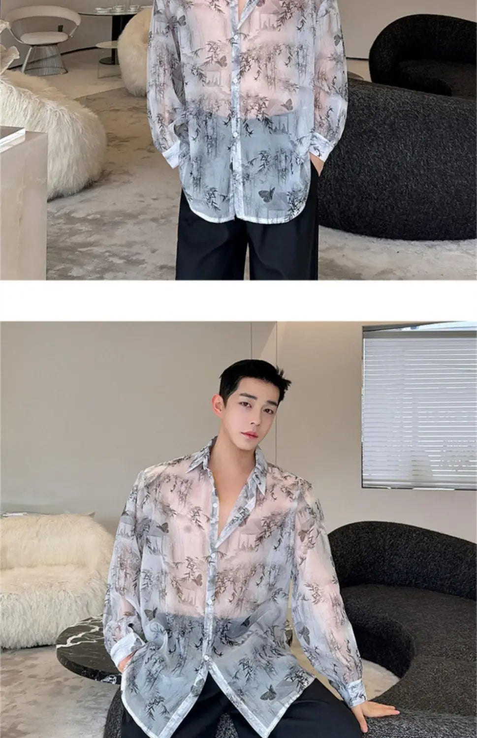 Semi-sheer Bamboo Flower Pattern Shirt in Traditional Chinese Style with grey and pink floral print