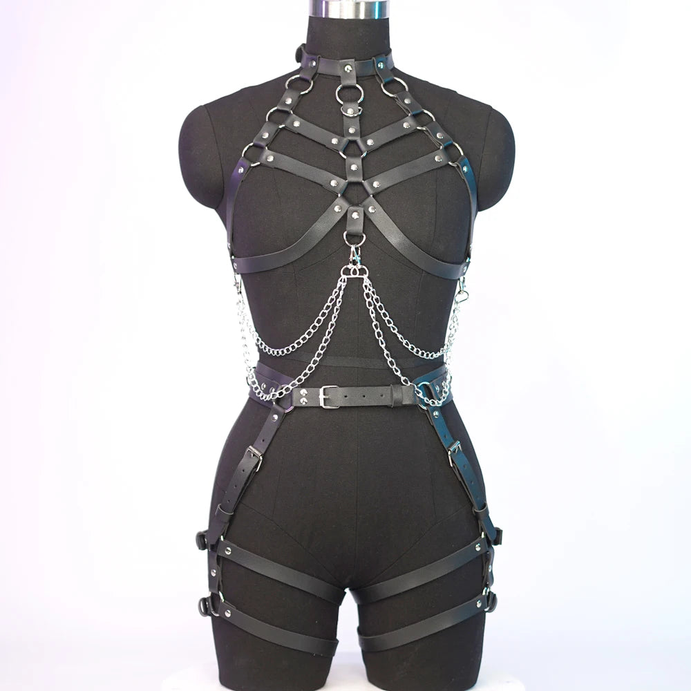 Ladies Chest chain for women wearing adjustable leather S&M harness - Pleasures and Sins   Pleasures and Sins