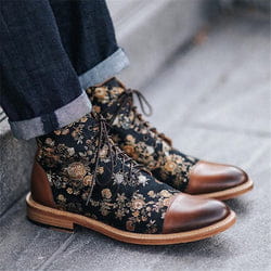 Stylish Men’s British Style Retro Short Floral Pattern Boots with brown toe caps and laces.