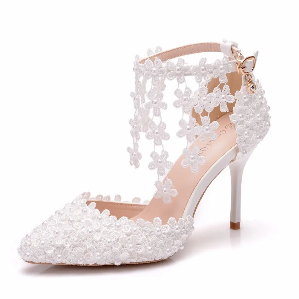 White Lace Wedding Shoes With Flower Tassel Detail