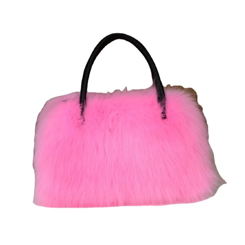 Winter Bright Color Women's Faux Fur Fluffy Boston Handbag