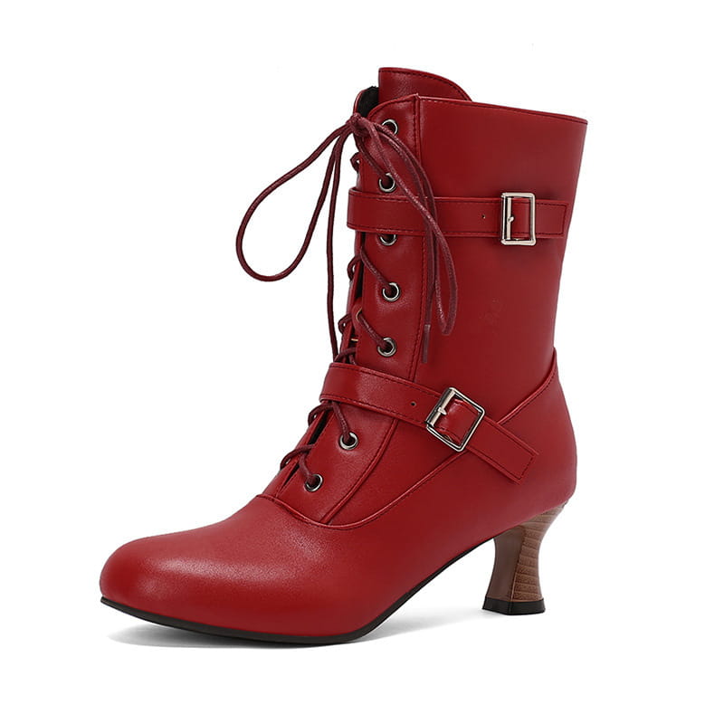 Red leather Victorian-style mid heel lace-up ankle boots with buckles and laces.