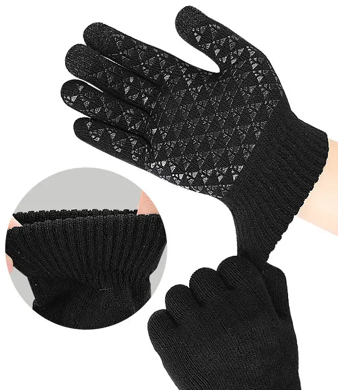 Black knit heated electric gloves with grip dots for warmth and comfort, perfect for winter.