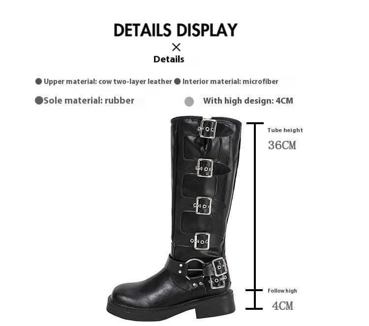 Black leather knee-high boot with buckle straps, perfect genuine leather chunky heel style.