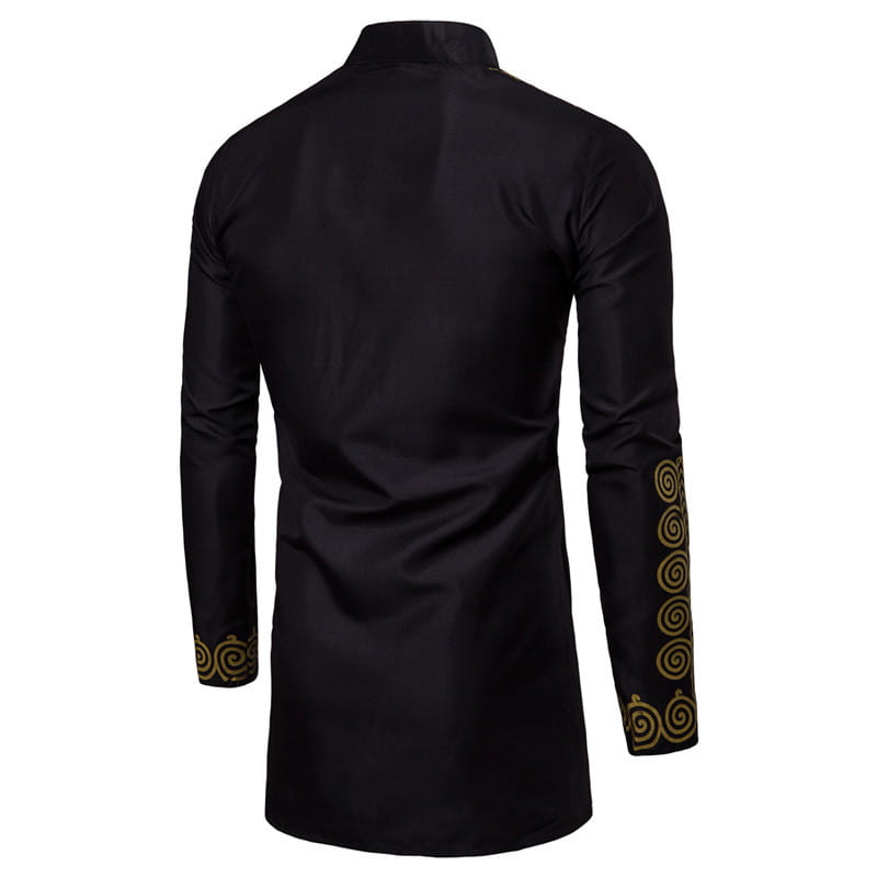 Black Nehru Collar Indian style shirt with gold spiral embroidery on sleeves.