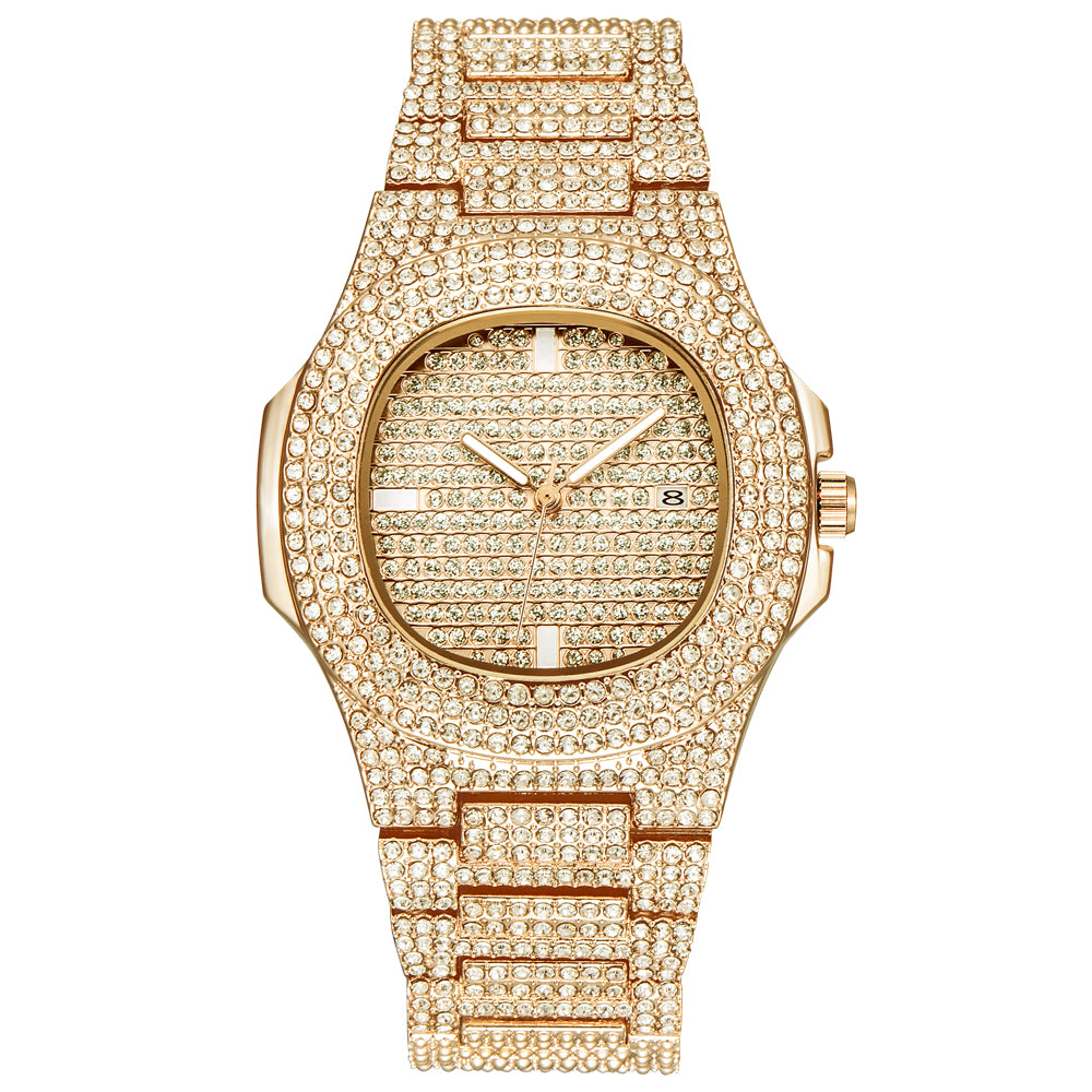 Mens Luxury Diamond Quartz Watch Gold Steel Business Watch Deluxe - Pleasures and Sins   Pleasures and Sins