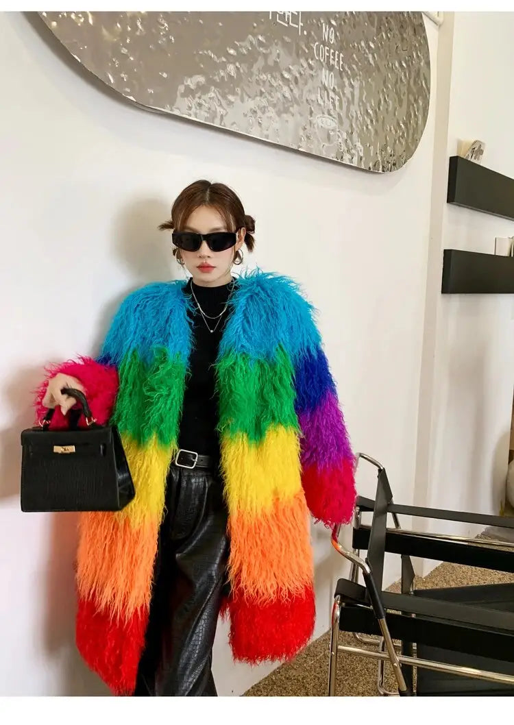 Winter Faux Fur Coat Shaggy Rainbow Outerwear