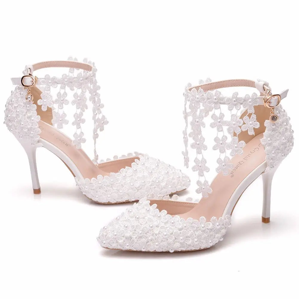 White Lace Wedding Shoes With Flower Tassel Detail