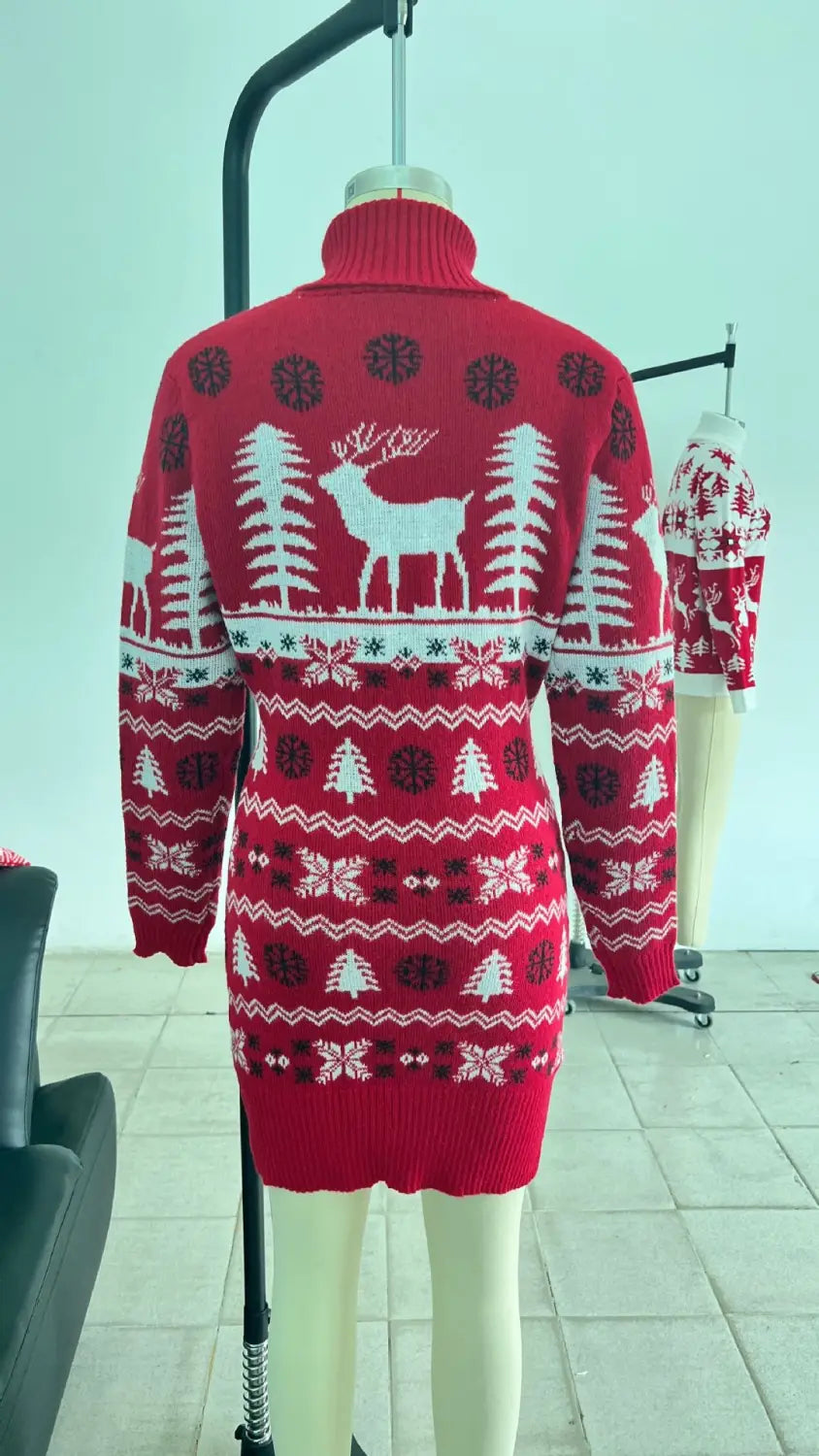 Elk Christmas Tree Jacquard Long Sleeve Sweater Dress