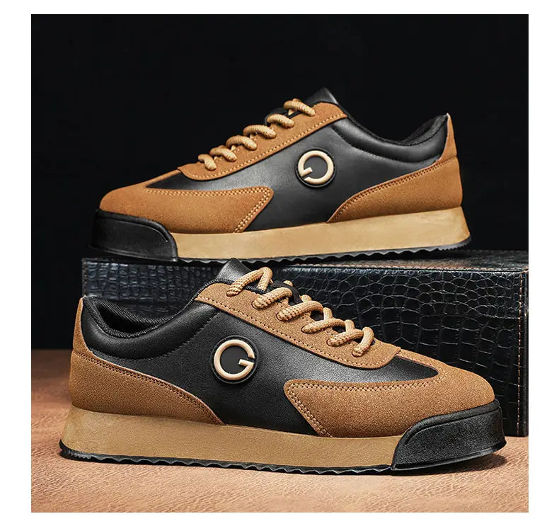 Two-tone brown and black casual flat trainer shoes for men featuring a stylish G logo.