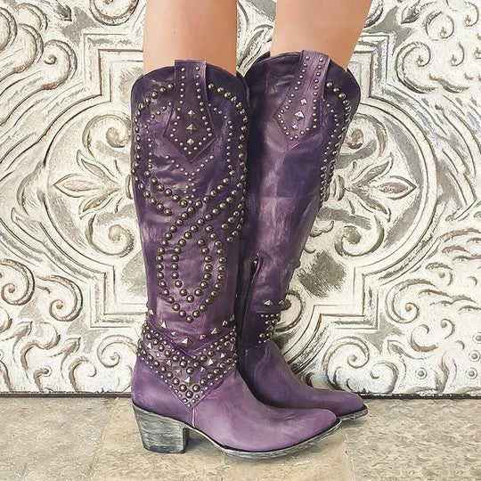 Ladies Western Cowgirl Boots With Rivet Detail and Chunky Heels