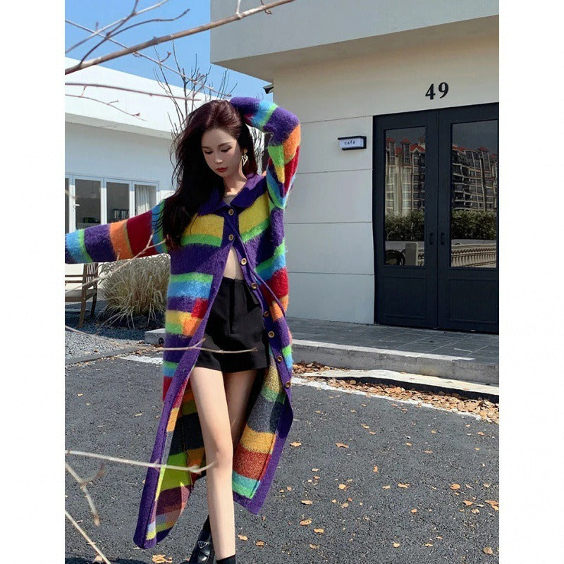 Rainbow Striped Sweater Coat Womens Autumn and Winter - Pleasures and Sins   Pleasures and Sins