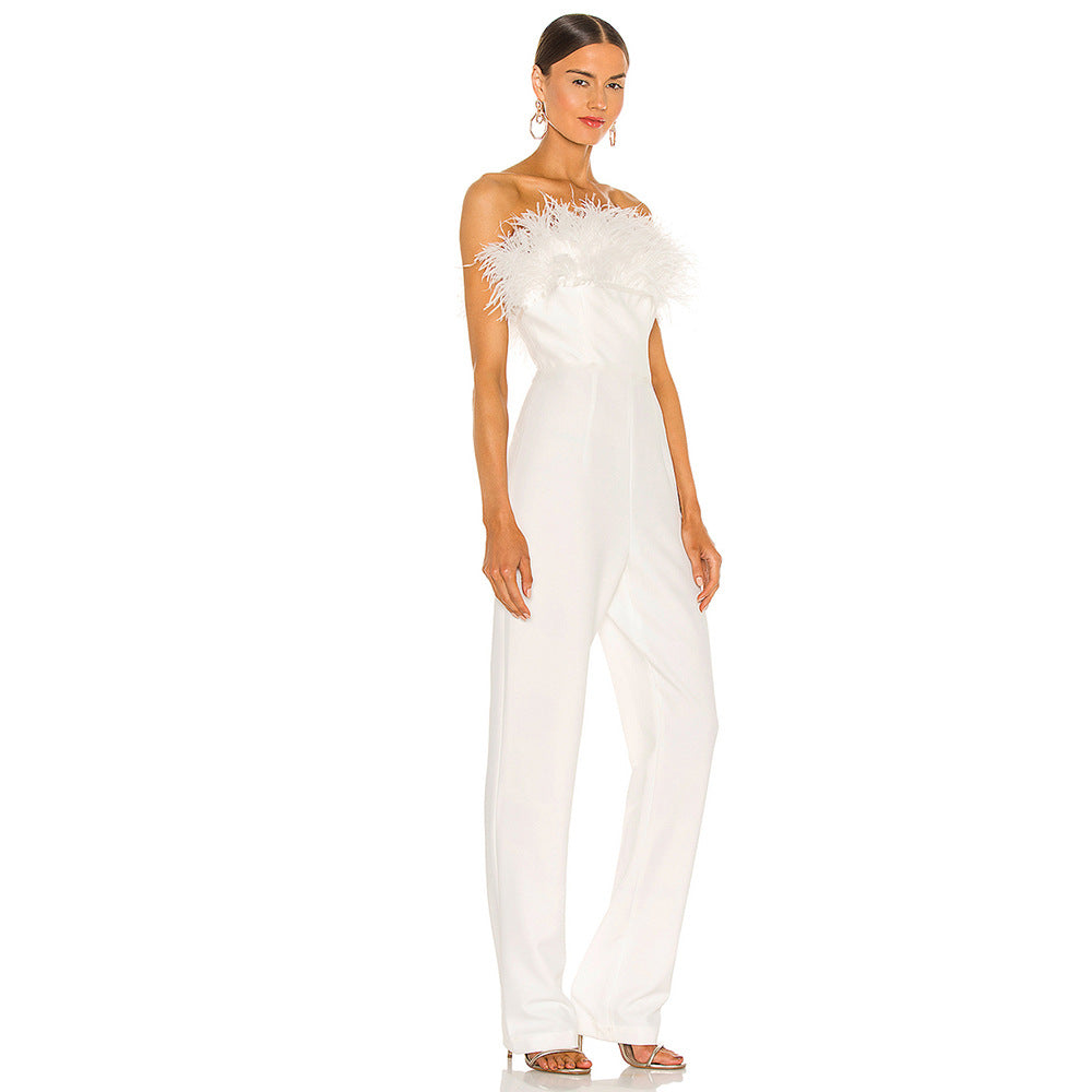 Summer Sleeveless Feather Neckline Designer Sexy Slim Waist Jumpsuit - Pleasures and Sins   Pleasures and Sins