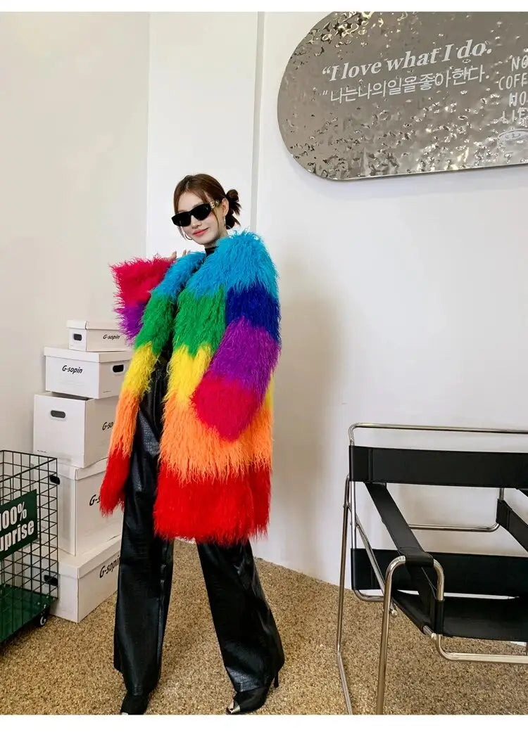 Winter Faux Fur Coat Shaggy Rainbow Outerwear