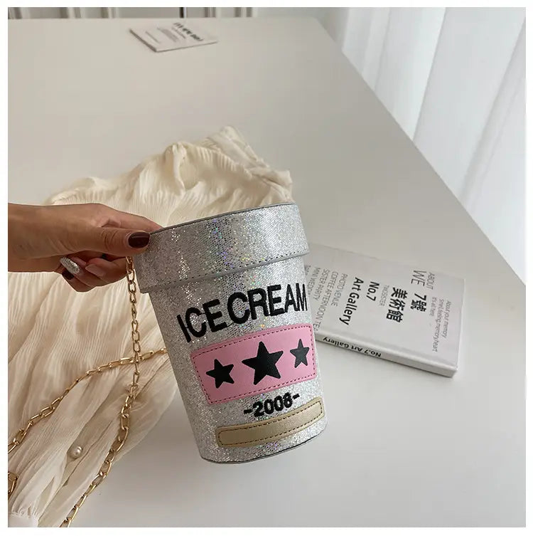 Sequin crossbody small round bag In shape of ice cream pot