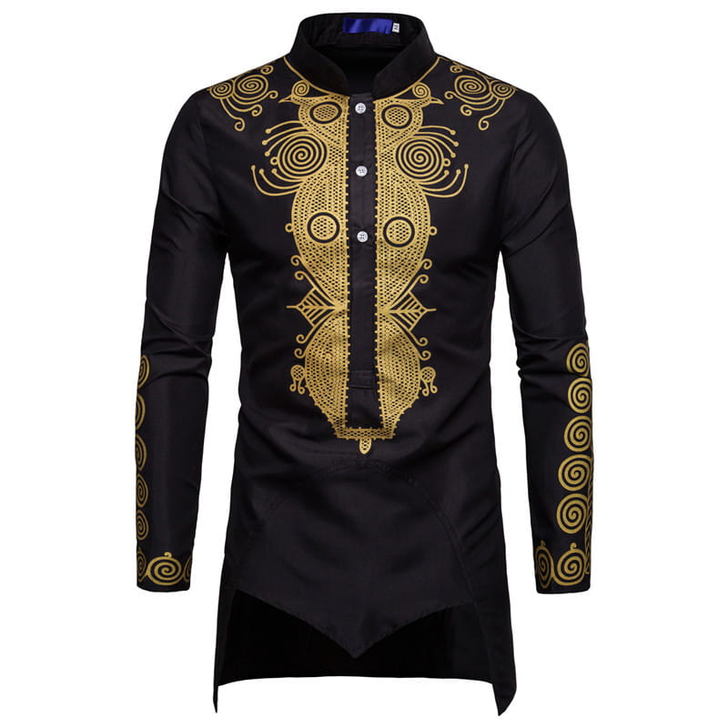 Black Nehru Collar Indian style shirt with gold embroidery and asymmetrical hem design.