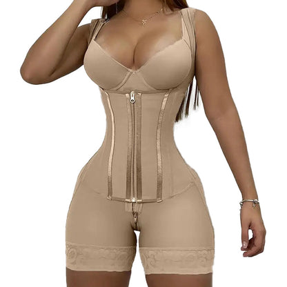 Waist cinching shapewear with abdomin shaping and hip lifting zipper