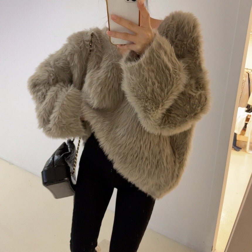 Knitted top women's loose fitting pullover imitation mink fur top