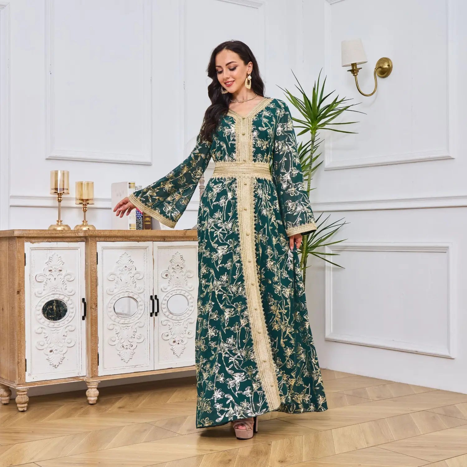 Evening Dress Muslim Flower Gold Stamping Fashion Robe