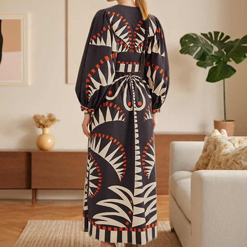 Long V neck dress with classical style print and big sleeves