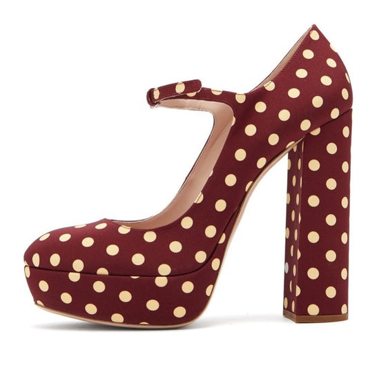 Round Toe Thick Sole Polka Dot Mary Jane High Heel Plus Size Shoes