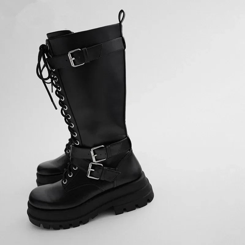 Lace Up Silver Chain Women's Thick Heel Knee High Motorcycle Boots