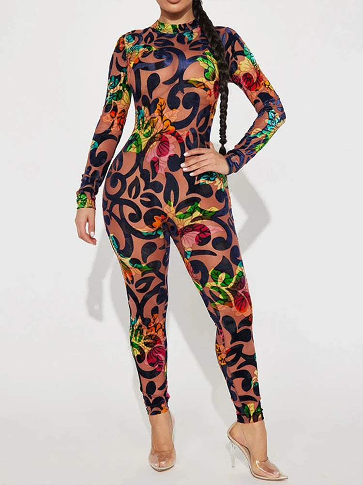 Long sleeved 3D cde printed multi-color patterned Bodycon jumpsuit - Pleasures and Sins   Pleasures and Sins