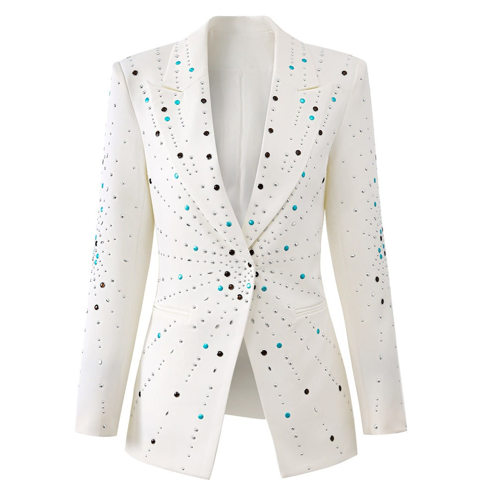 Ladies white rhinestone slim fit one button long sleeved suit jacket