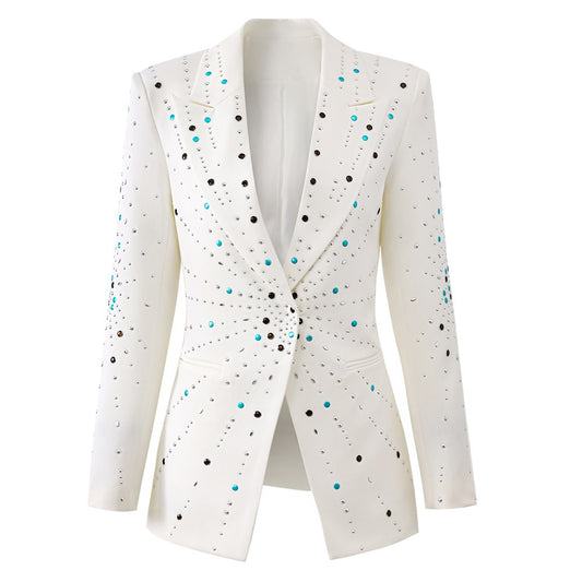 Ladies white rhinestone slim fit one button long sleeved suit jacket