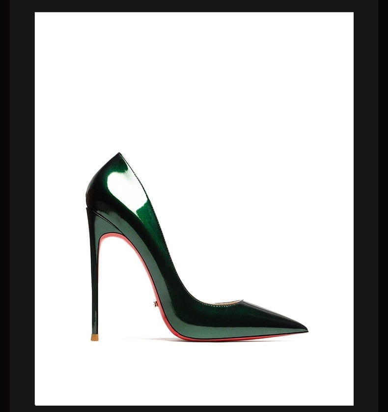 Glossy dark green stiletto heel with red sole from Pure Desire Luxury for effortless style.