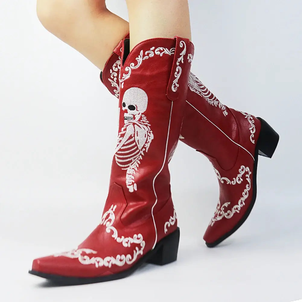 Bottes de cowgirl à talons hauts pour femmes à mi-mollet et à talons courts Skull