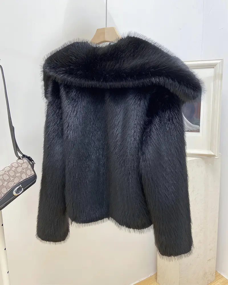 Ladies Large Lapel Fur Coat Elegant Long Sleeve Warm Fur