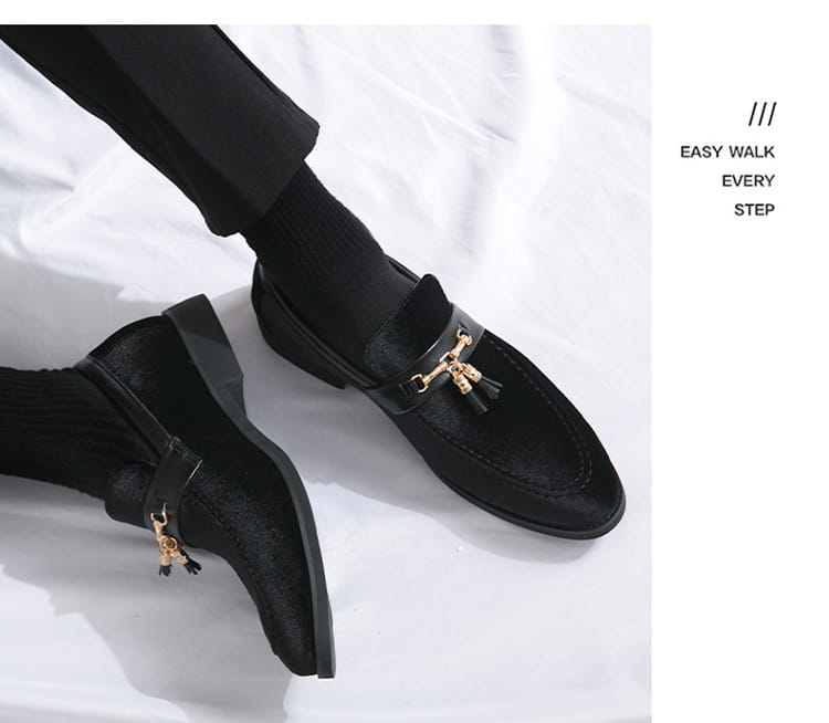 Black suede loafers with gold hardware, perfect for Men’s British Style Velour Moccasin.