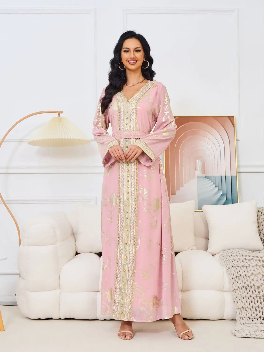 Muslim Womens Dress New Pink Stamped Fashion Party Robe